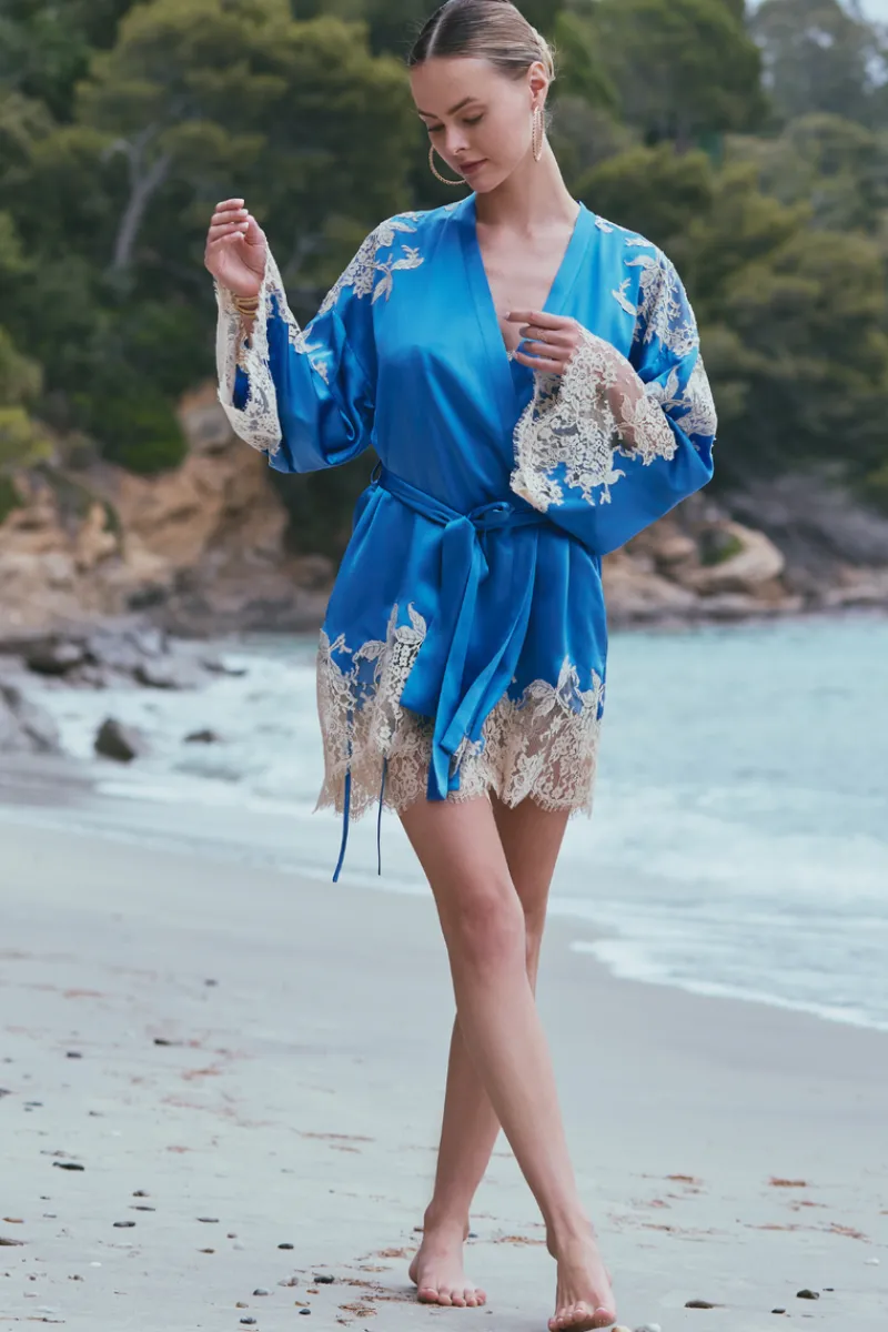 Silk Nightwear | Kimonos & Robes>Marjolaine Apolline Silk Short Robe in Blue