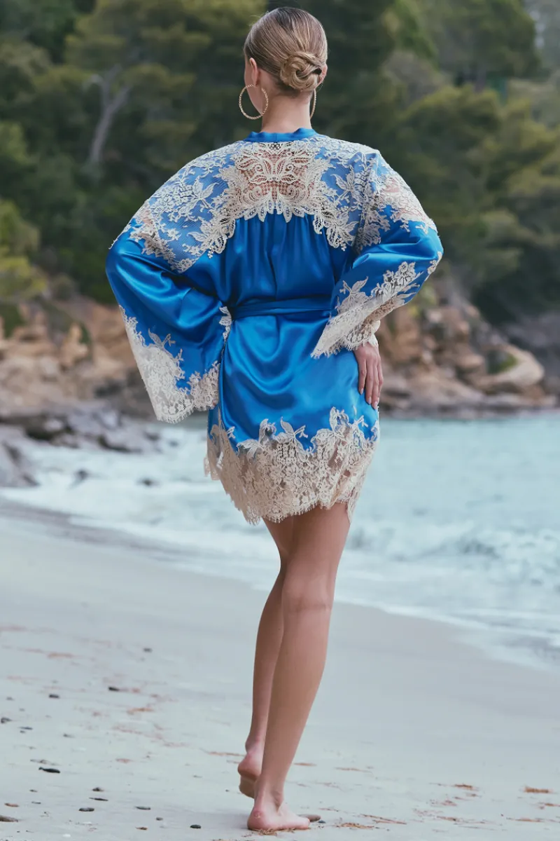 Silk Nightwear | Kimonos & Robes>Marjolaine Apolline Silk Short Robe in Blue