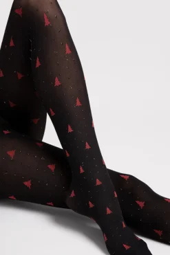 Black Tights | Patterned Tights>FiORE Be Merry Tights Black & Red 40 Denier