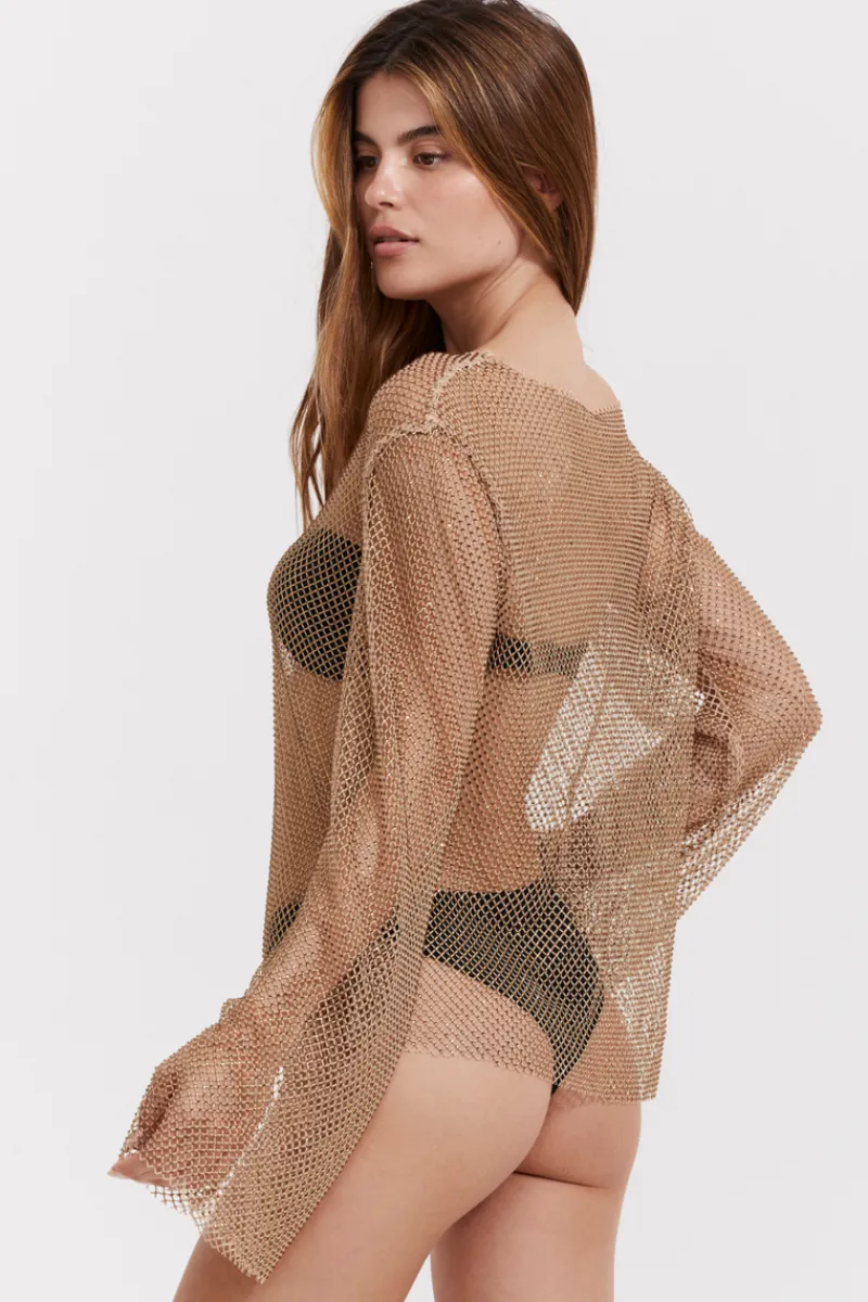 Beach & Resortwear>Gottex Flirtt Beige Rhinestone Mesh Beach Cover Up Shirt