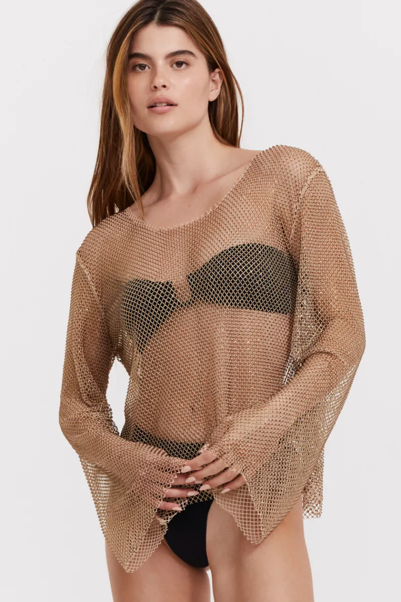 Beach & Resortwear>Gottex Flirtt Beige Rhinestone Mesh Beach Cover Up Shirt
