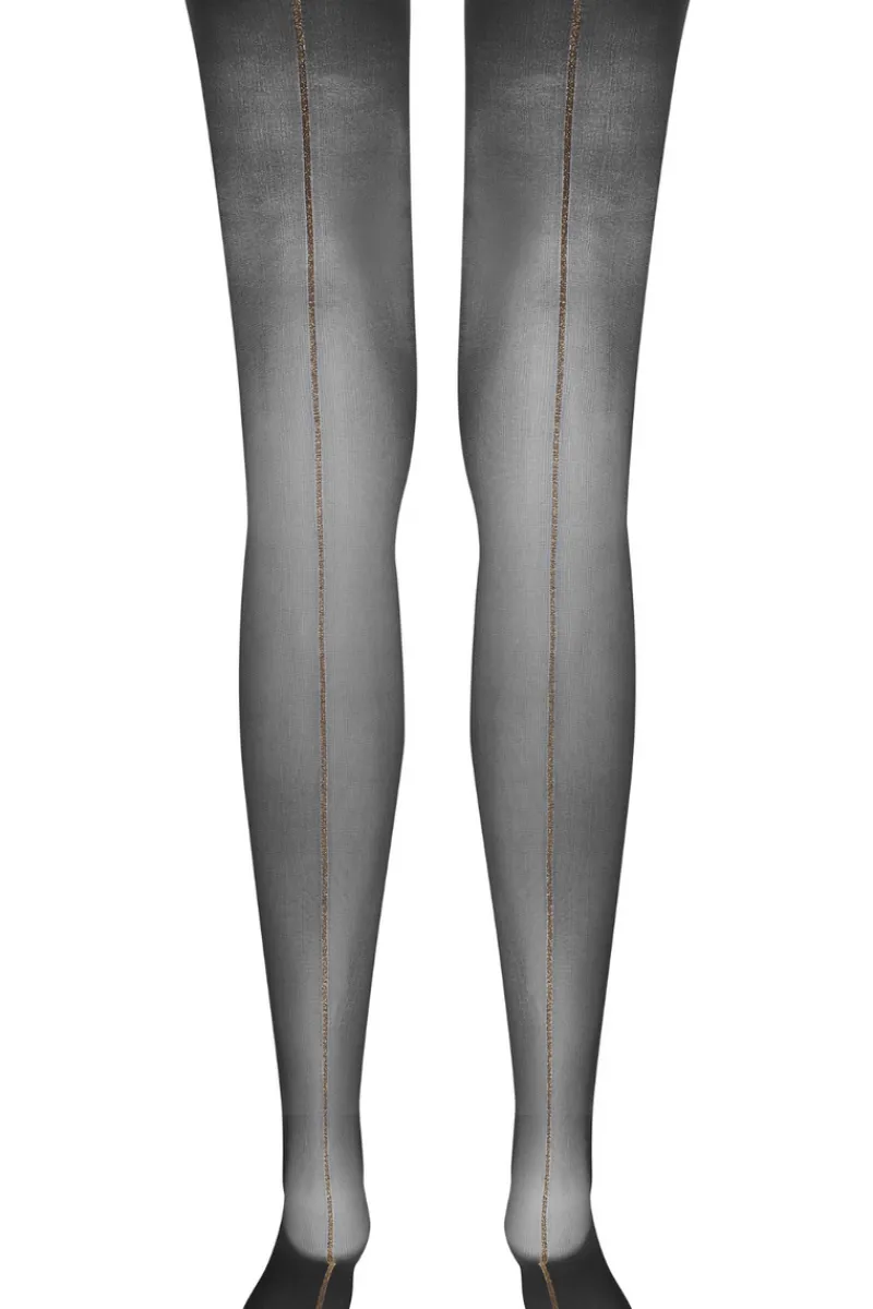 Seamed Stockings | Sheer Stockings>Maison Close Black Cut & Curled Gold Lurex Seam Stockings 20 Denier