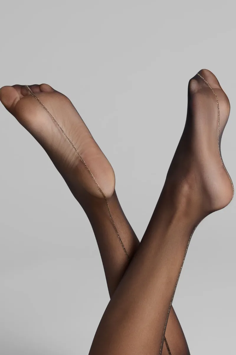 Seamed Stockings | Sheer Stockings>Maison Close Black Cut & Curled Gold Lurex Seam Stockings 20 Denier
