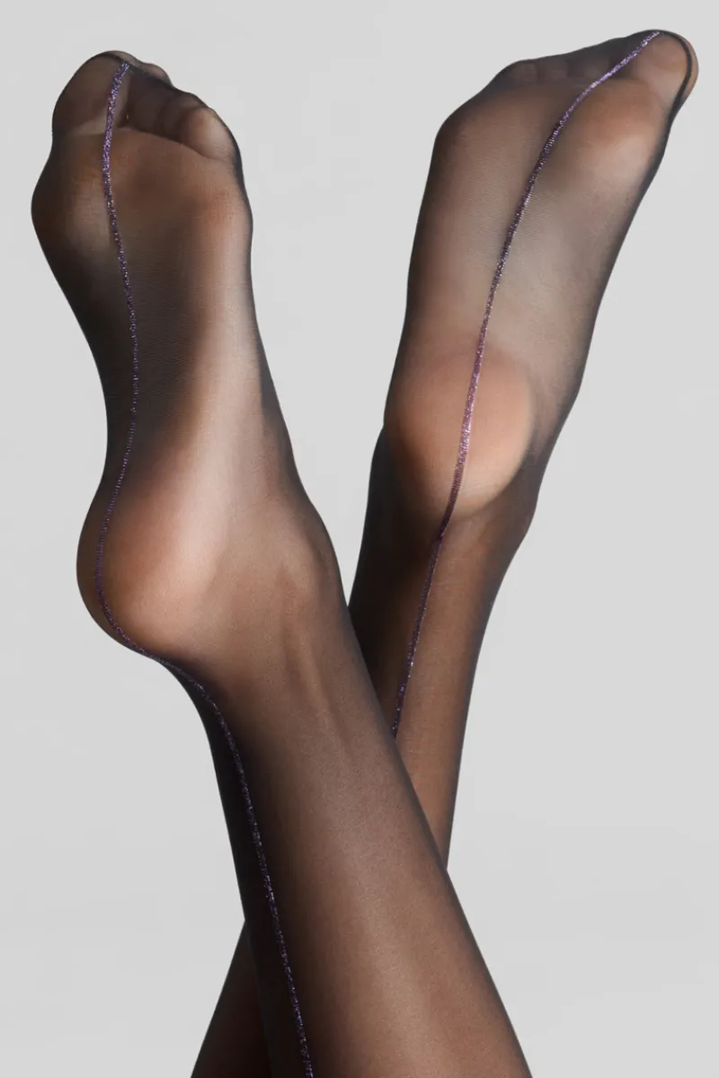 Seamed Stockings | Sheer Stockings>Maison Close Black Cut & Curled Purple Lurex Seam Stockings 20 Denier
