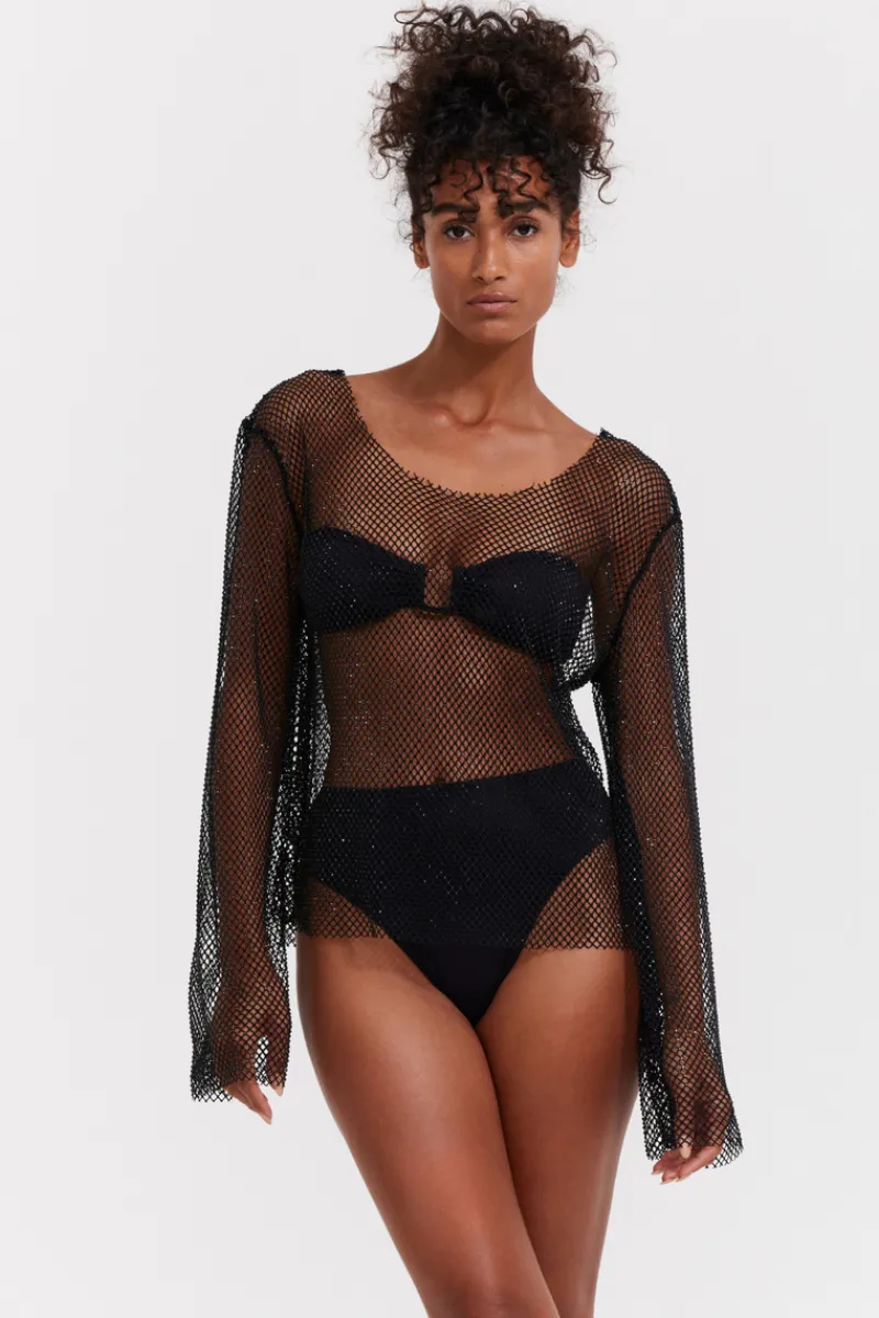 Beach & Resortwear>Gottex Flirtt Black Rhinestone Mesh Beach Cover Up Shirt