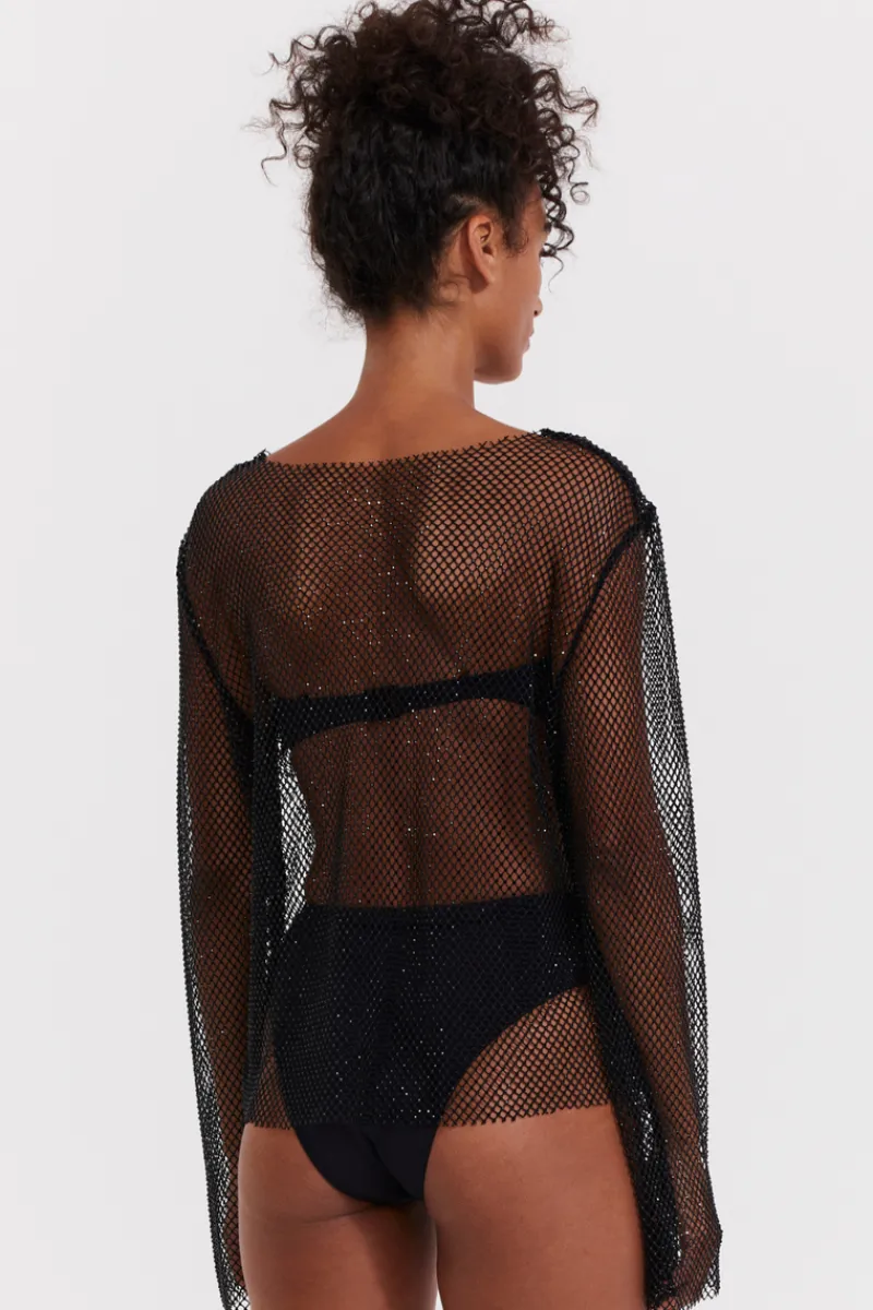 Beach & Resortwear>Gottex Flirtt Black Rhinestone Mesh Beach Cover Up Shirt