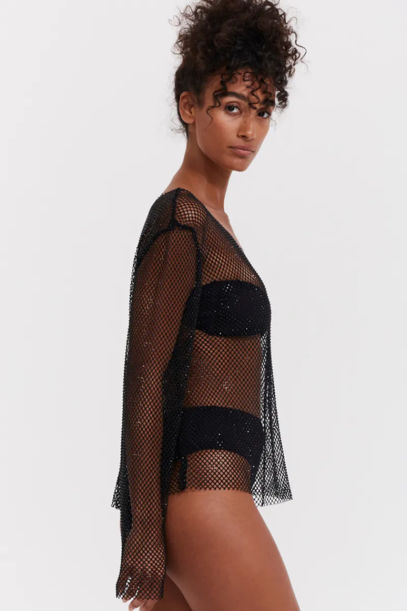 Beach & Resortwear>Gottex Flirtt Black Rhinestone Mesh Beach Cover Up Shirt