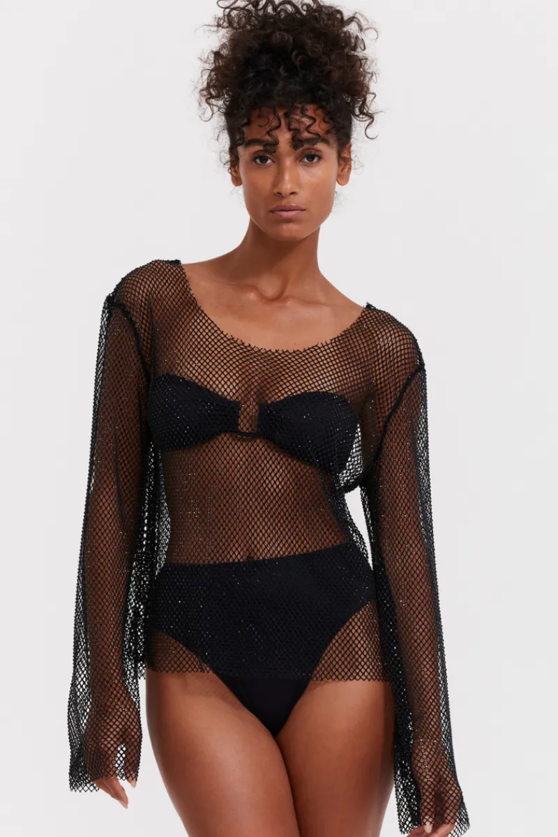 Beach & Resortwear>Gottex Flirtt Black Rhinestone Mesh Beach Cover Up Shirt