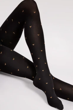 Black Tights | Patterned Tights>FiORE Copper Love Heart Pattern Tights 60 Denier Black/Copper