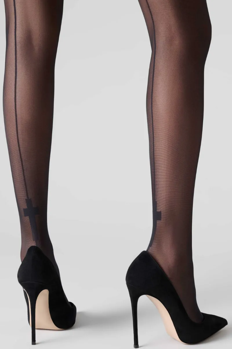 Seamed Stockings | Sheer Stockings>Maison Close Cut & Curled Cross Detail Back Seam Stockings 20 Denier Black