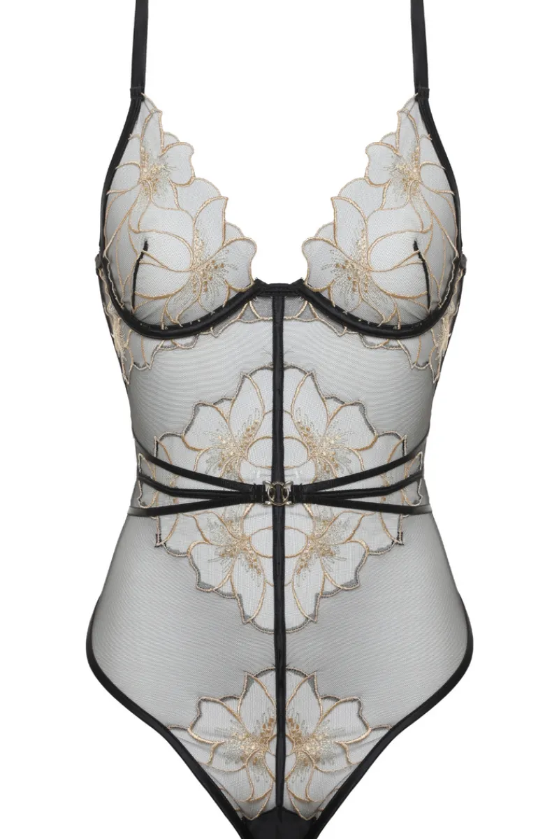 Sheer Lingerie | Bodysuits & Playsuits>Prelude Delicate Nymph Thong Bodysuit Black/Gold