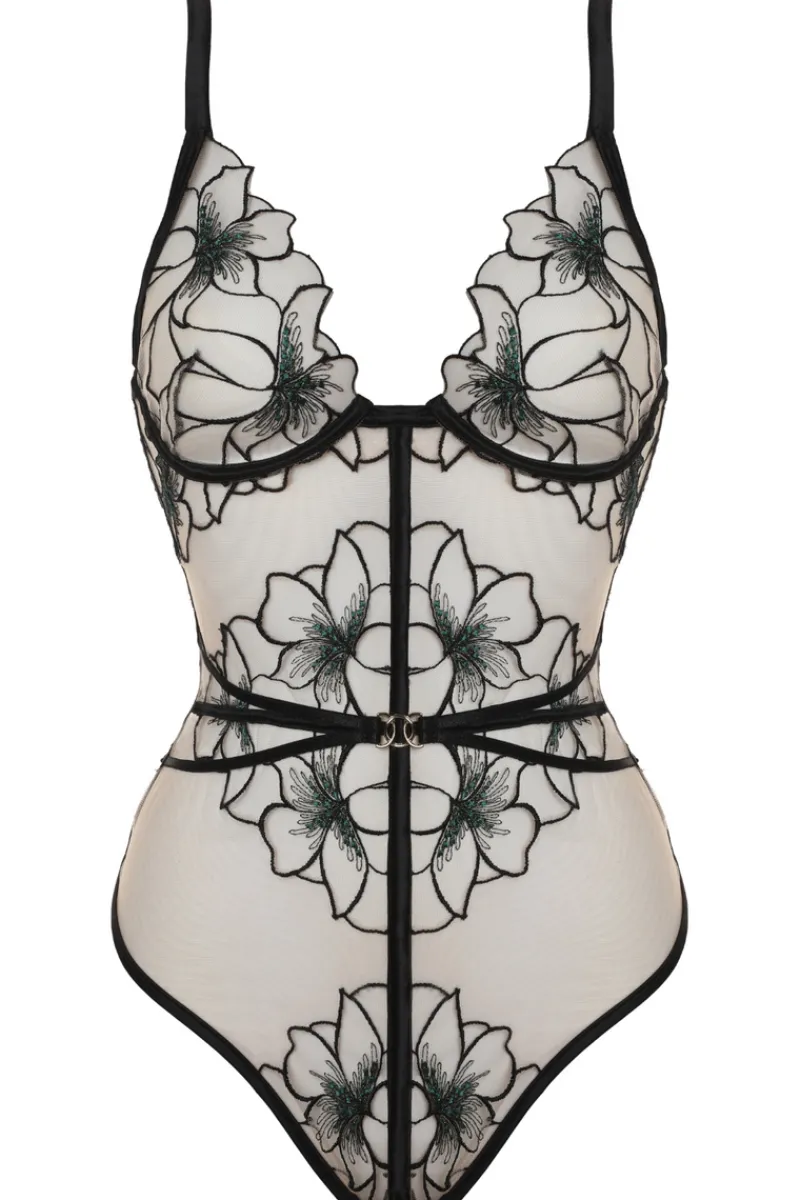 Sheer Lingerie | Bodysuits & Playsuits>Prelude Delicate Nymph Thong Bodysuit Black/Green