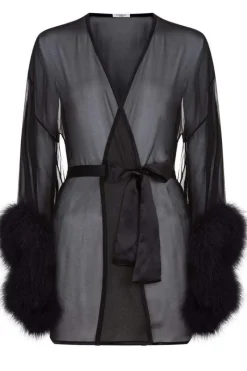 Silk Nightwear | Kimonos & Robes>Gilda u0026 Pearl Diana Silk & Marabou Feather Kimono Black