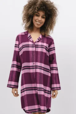 Red Lingerie>Cyberjammies Eve Check Long Sleeve Nightshirt DarkMagentaMix
