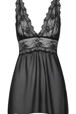 Nighties, Babydolls & Chemises | Sexy Lingerie>Cadolle Grace Lace & Striped Chiffon Nightie, Size S (UK 10) Black