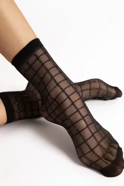 £30 And Under>FiORE Grid Sheer Lurex Check Pattern Socks 20 Denier Black/Silver