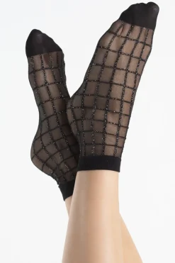 £30 And Under>FiORE Grid Sheer Lurex Check Pattern Socks 20 Denier Black/Silver