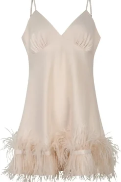 Nighties, Babydolls & Chemises | Bridal & Honeymoon Lingerie>Love Stories Honey Marabou Feather Trim Satin Slip Dress, Size XS (UK 6) OffWhite