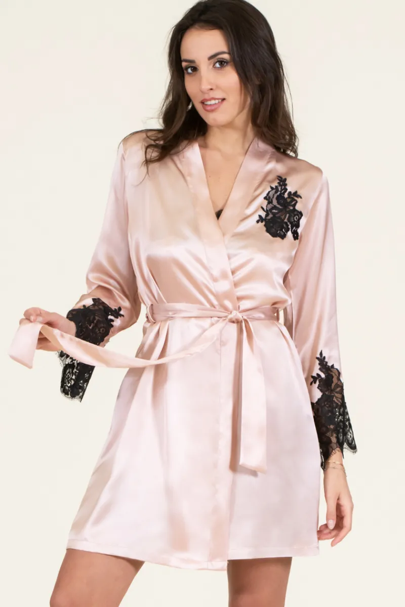 Silk Nightwear | Kimonos & Robes>Clara Rossi Italian Silk Robe Blush/Black