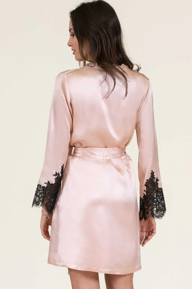 Silk Nightwear | Kimonos & Robes>Clara Rossi Italian Silk Robe Blush/Black
