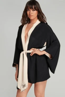 Silk Nightwear | Kimonos & Robes>Agent Provocateur Kiki Silk Kimono, Size M-L (UK 14-18) Black/Pink