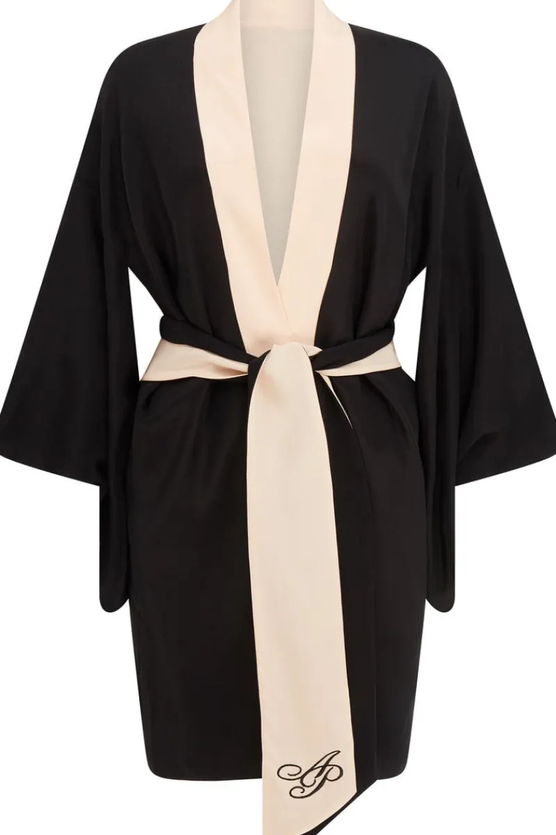 Silk Nightwear | Kimonos & Robes>Agent Provocateur Kiki Silk Kimono, Size M-L (UK 14-18) Black/Pink