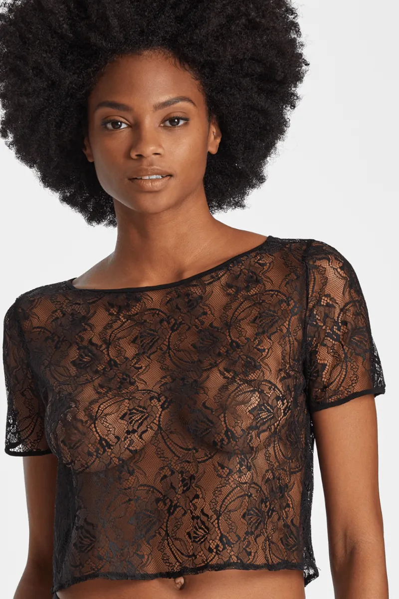 Pyjama Tops | Sexy Lingerie>Aubade Lazy Days Short Sleeve Lace Top Black