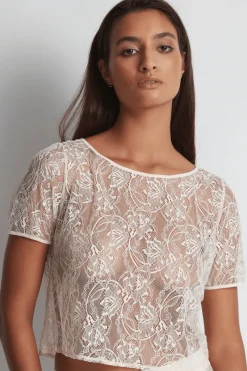 Pyjama Tops | Sexy Lingerie>Aubade Lazy Days Short Sleeve Lace Top Petal