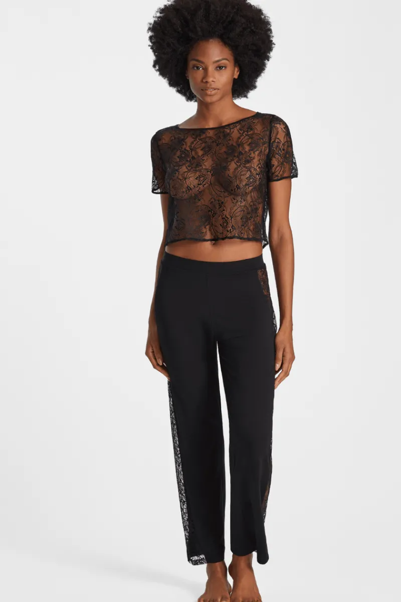Pyjama Tops | Sexy Lingerie>Aubade Lazy Days Short Sleeve Lace Top Black