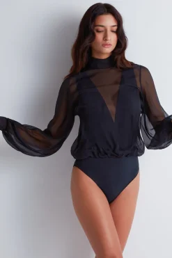 Sexy Lingerie | Luxury French Lingerie>Aubade Les Bodys Long Sleeve Chiffon Bodysuit Black
