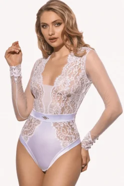 Bridal & Honeymoon Lingerie | Bodysuits & Playsuits>Prelude Marlene Brazilian Body with Swarovski Crystals in White, Size L (UK 12)