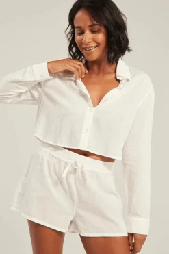 Pyjama Tops | Bridal & Honeymoon Lingerie>Nudea Organic Cotton Cropped PJ Shirt in White