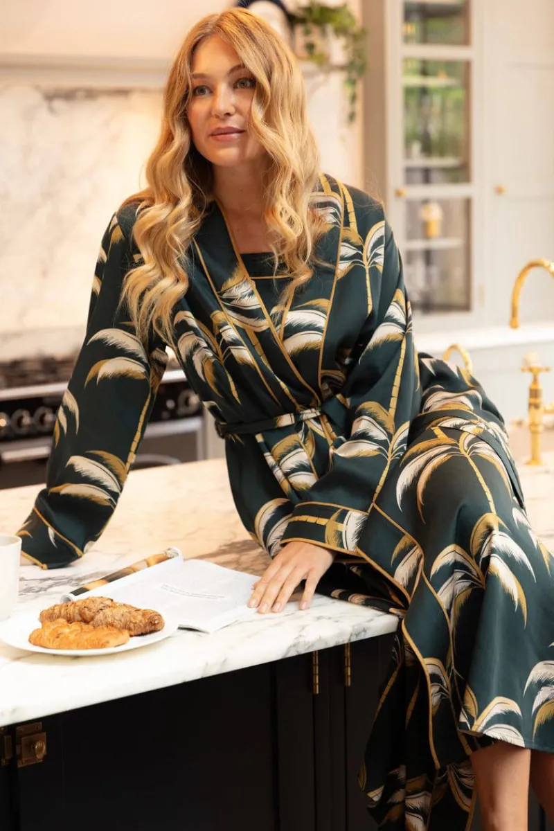 Kimonos & Robes>Fable u0026 Eve Pimlico Palm Print Long Dressing Gown EmeraldGreen