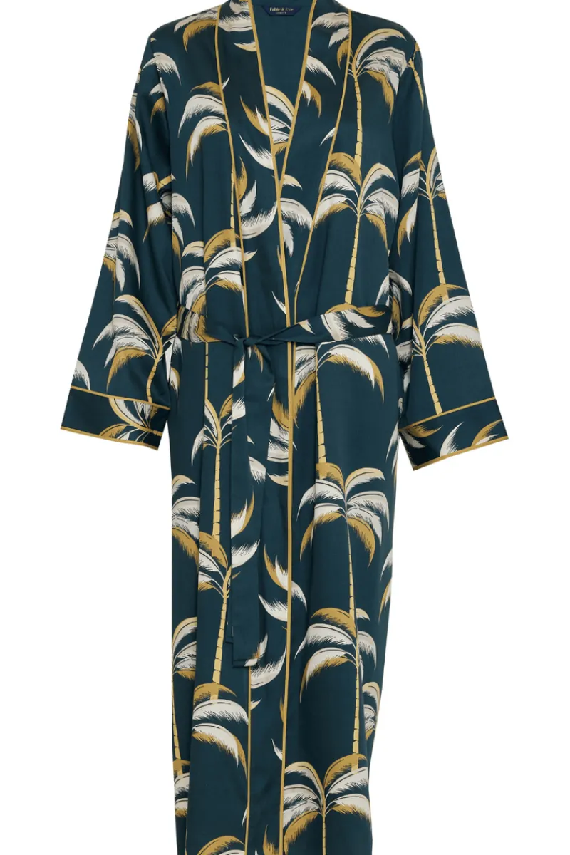 Kimonos & Robes>Fable u0026 Eve Pimlico Palm Print Long Dressing Gown EmeraldGreen