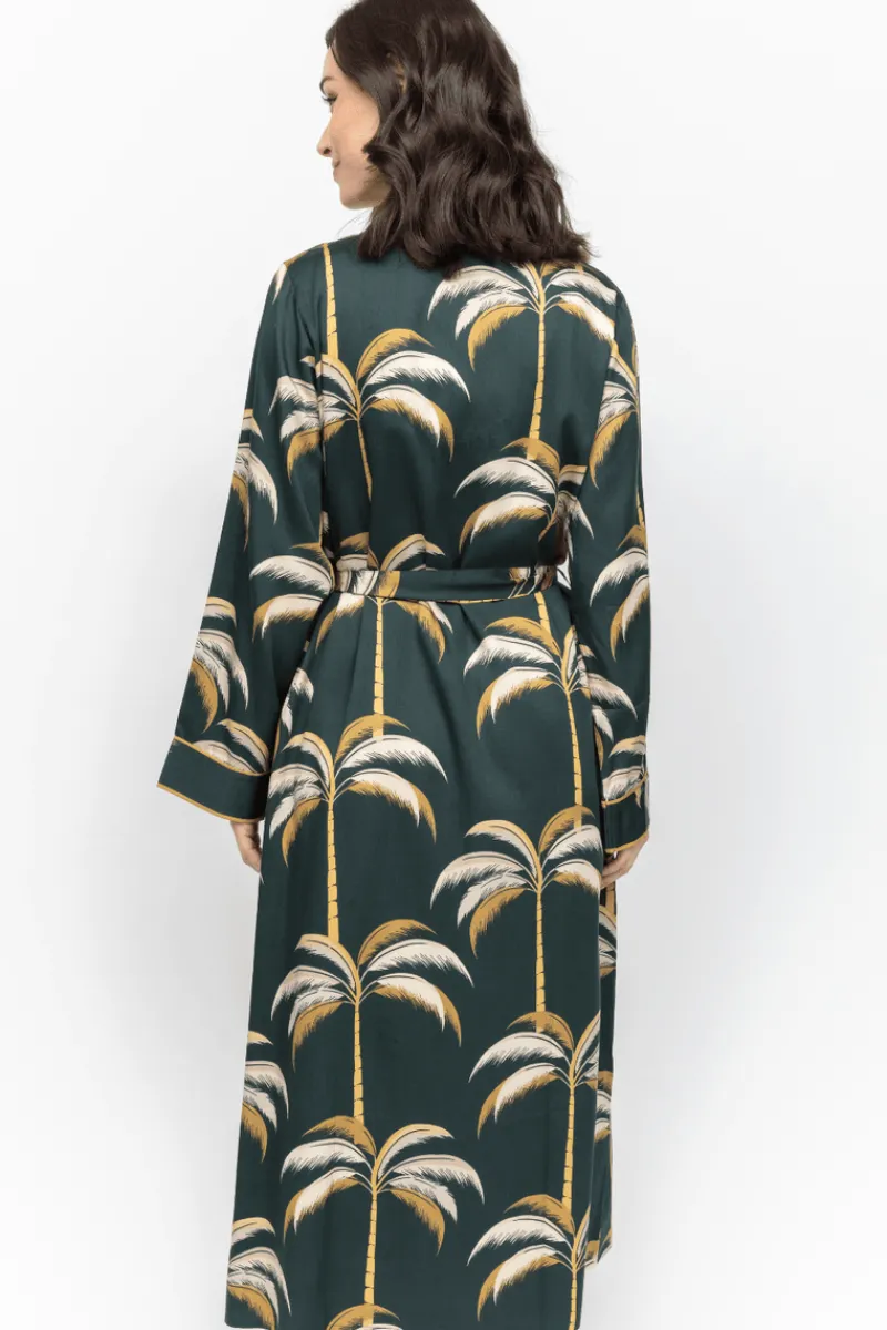 Kimonos & Robes>Fable u0026 Eve Pimlico Palm Print Long Dressing Gown EmeraldGreen