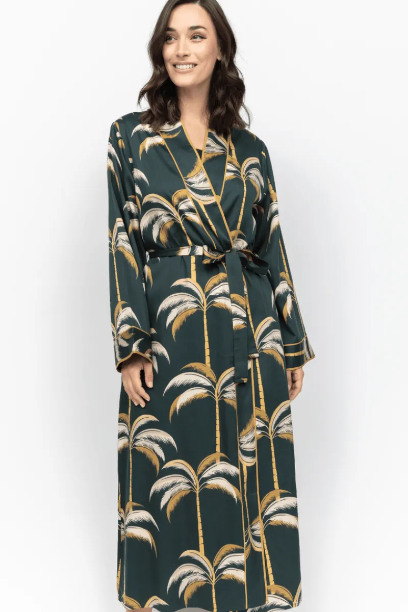 Kimonos & Robes>Fable u0026 Eve Pimlico Palm Print Long Dressing Gown EmeraldGreen