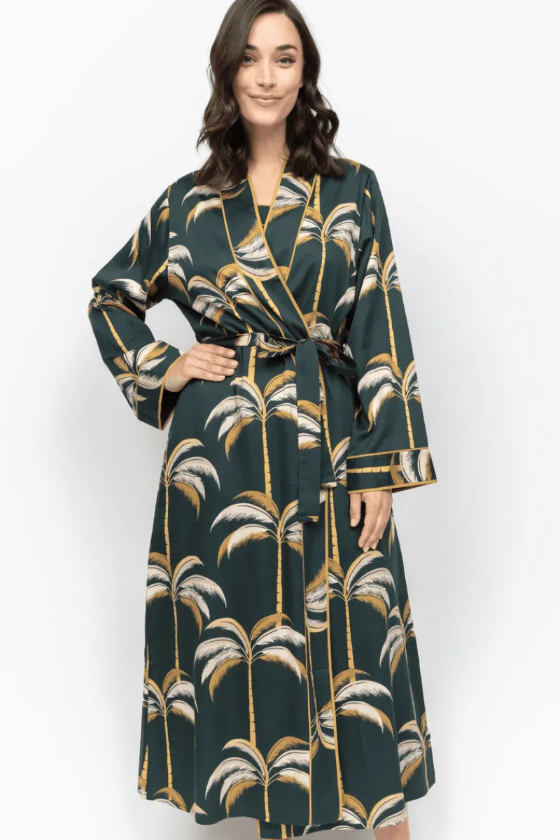 Kimonos & Robes>Fable u0026 Eve Pimlico Palm Print Long Dressing Gown EmeraldGreen