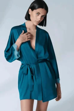 Kimonos & Robes | Luxury French Lingerie>Simone Pérèle Satin Secrets Kimono in Cyan Blue, Size L (UK 12-14)