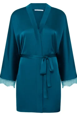 Kimonos & Robes | Luxury French Lingerie>Simone Pérèle Satin Secrets Kimono in Cyan Blue, Size L (UK 12-14)