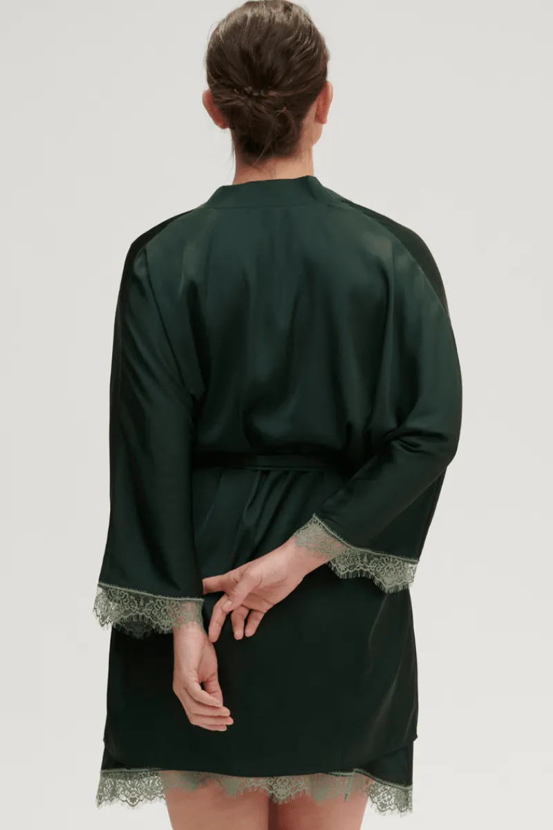 Kimonos & Robes | Luxury French Lingerie>Simone Pérèle Satin Secrets Kimono in Kolsai Green
