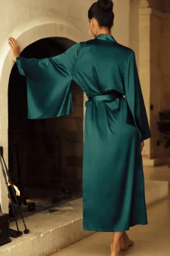 Silk Nightwear | Kimonos & Robes>Marjolaine Sophia Long Silk Kimono Peacock