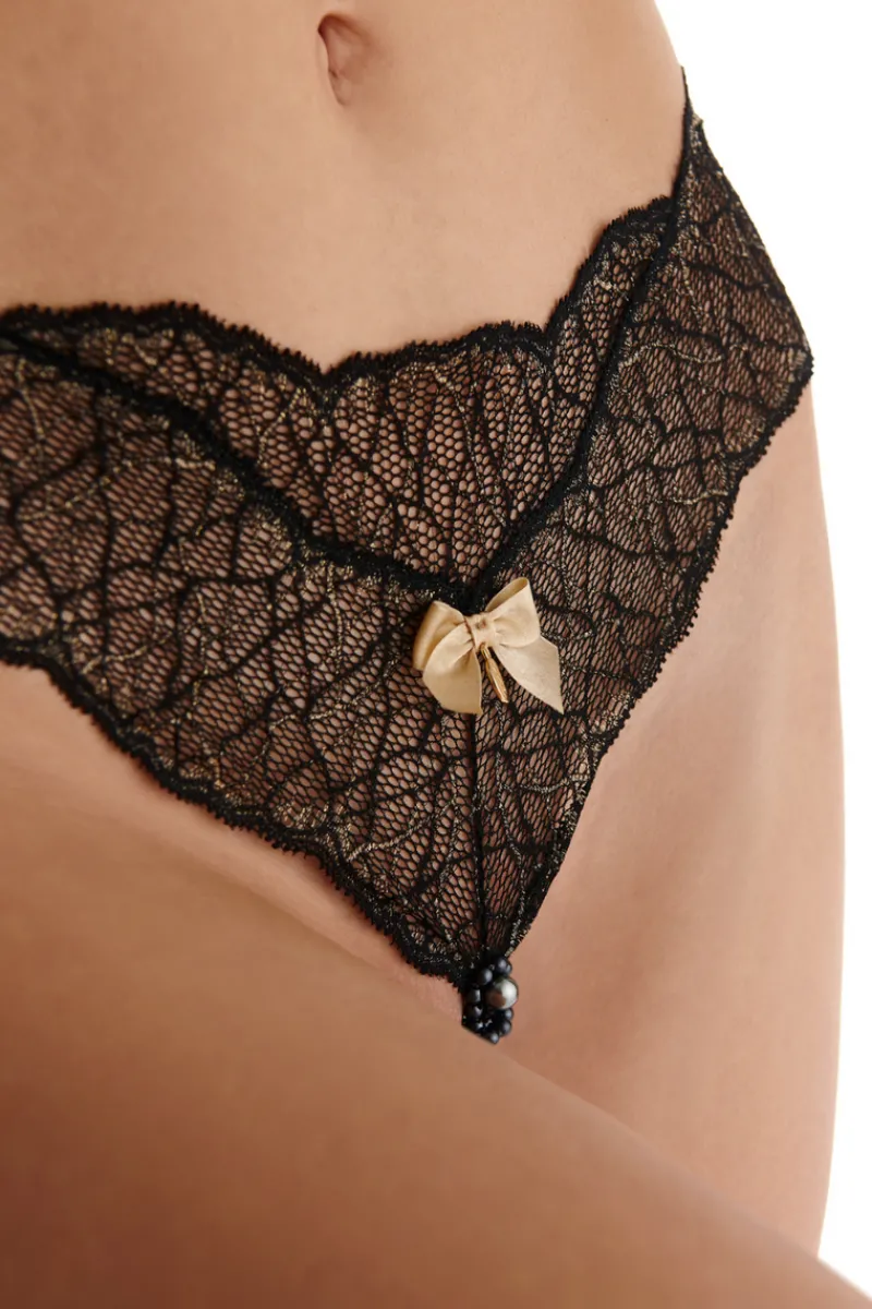 Sexy Lingerie | Pearl Knickers & Thongs>Bracli Sydney Daisy Dark Double Pearl Thong in Black