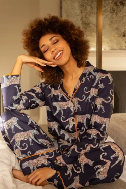 Pyjama Tops | £30 And Under>Cyberjammies Taylor Leopard Print Long Sleeve Pyjama Top Navy