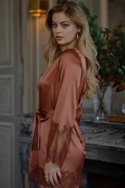 Kimonos & Robes | Silk Nightwear>Marjolaine Valerie Short Silk Kimono with Lace Tobacco/Brown