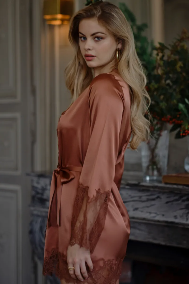 Kimonos & Robes | Silk Nightwear>Marjolaine Valerie Short Silk Kimono with Lace Tobacco/Brown
