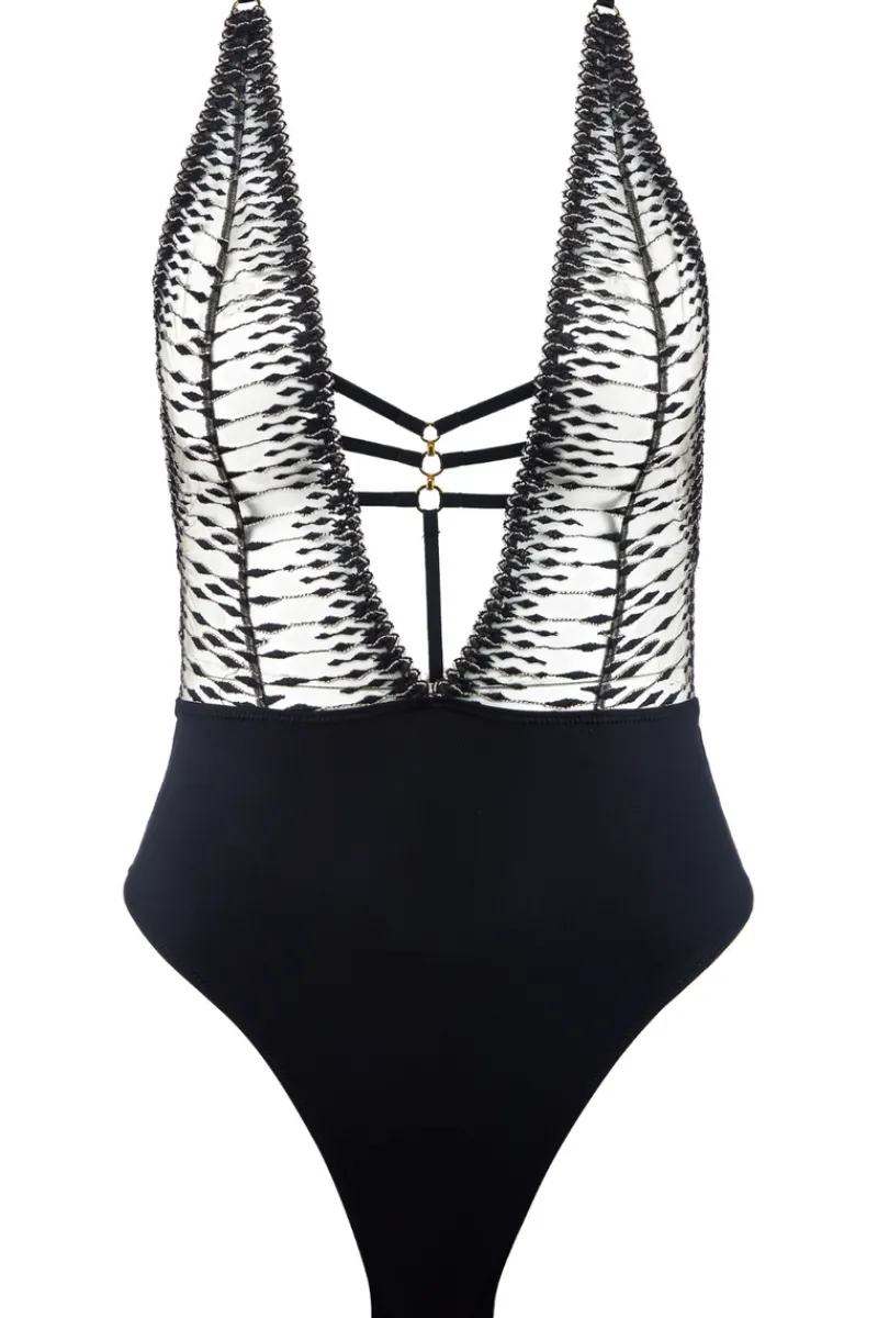 Sexy Lingerie | Luxury French Lingerie>Aubade Voodoo Kiss V Neck Thong Bodysuit MilleniumBlack